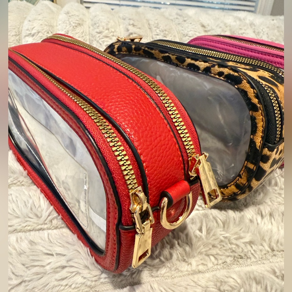 NWT RED Double zip Oval Shaped Transparent Women Crossbody Bag